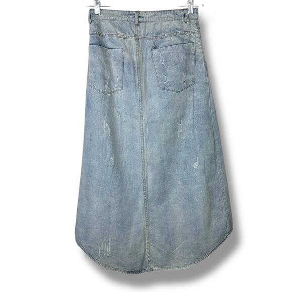 LIT2 Y2K Light Wash Distressed High Slit Midi Festival Coachella Denim Skirt - Picture 4 of 7
